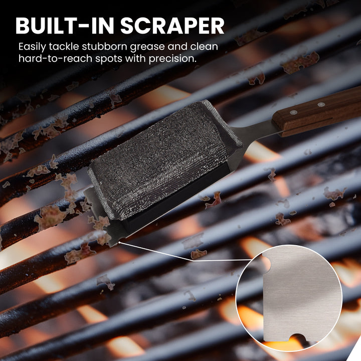 Grill Scrubber and Scraper for Barbecue with Replaceable Scrubber Head – Grill Cleaner for Outdoor Grill with Extended 16” Large Wooden Handle