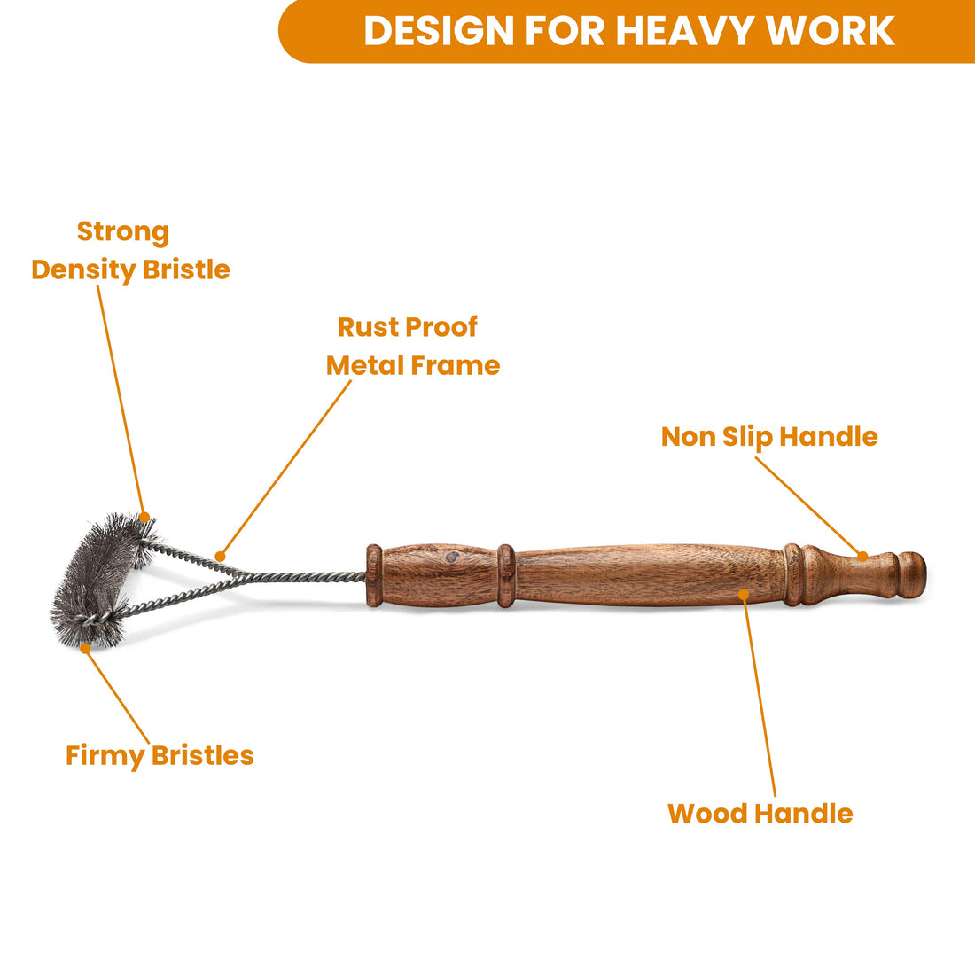 Stainless Steel Three Sided Grill Brush – BBQ Grill Cleaner for Outdoor Grills, 17” Extended Wooden Handle, No-Scratch, Heavy-Duty Barbecue Cleaning Tool
