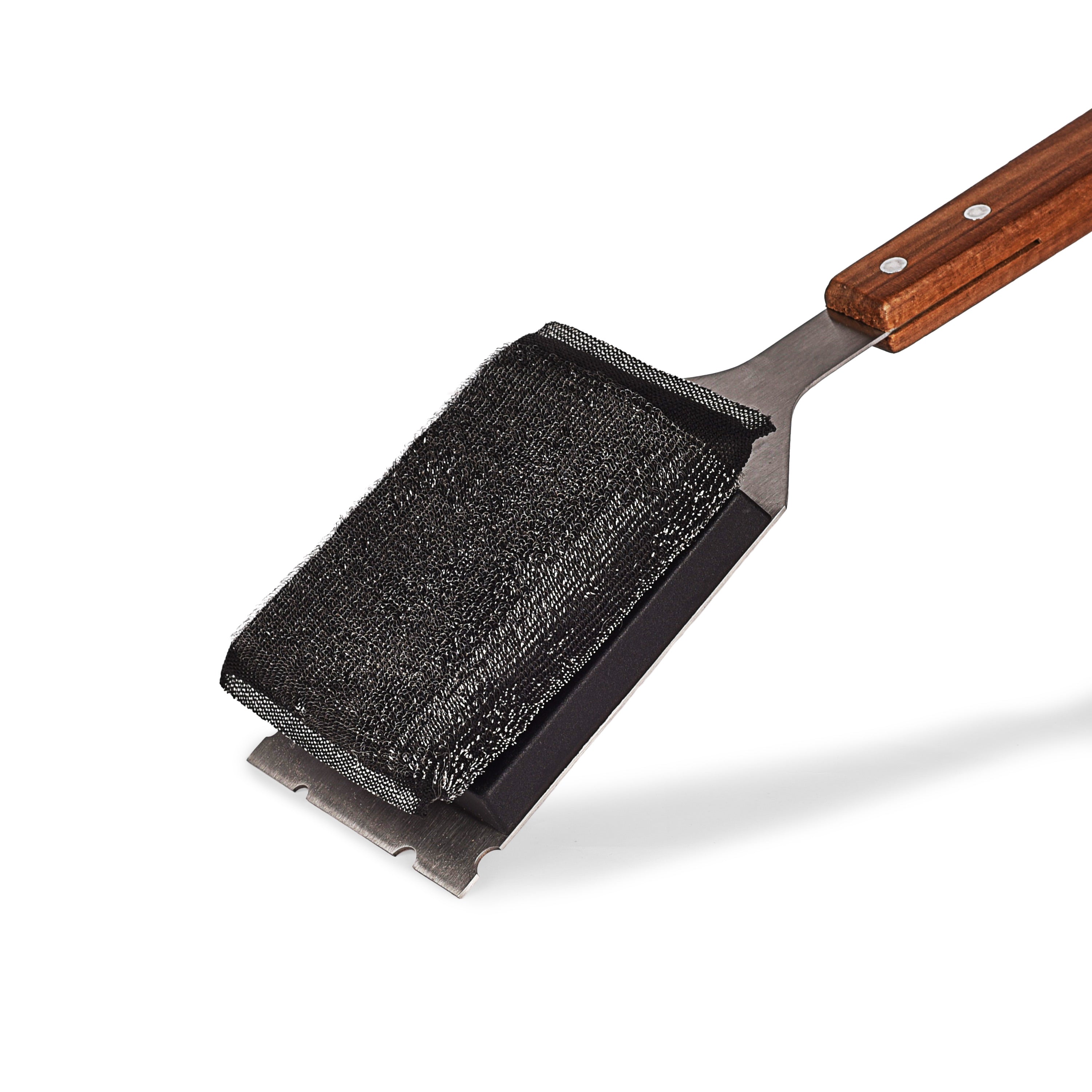 Grill Scrubber and Scraper for Barbecue with Replaceable Scrubber Head – Grill Cleaner for Outdoor Grill with Extended 16” Large Wooden Handle