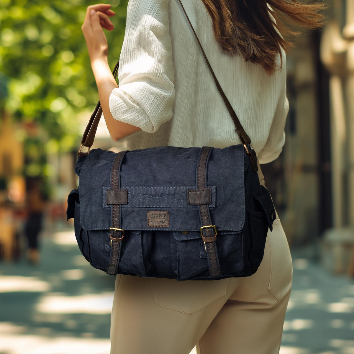 Vintage Canvas Messenger Bag – 16 Inch Handmade Laptop Shoulder Bag for Men & Women – Crossbody Work Bag for Office, Travel & Daily Use - Brown