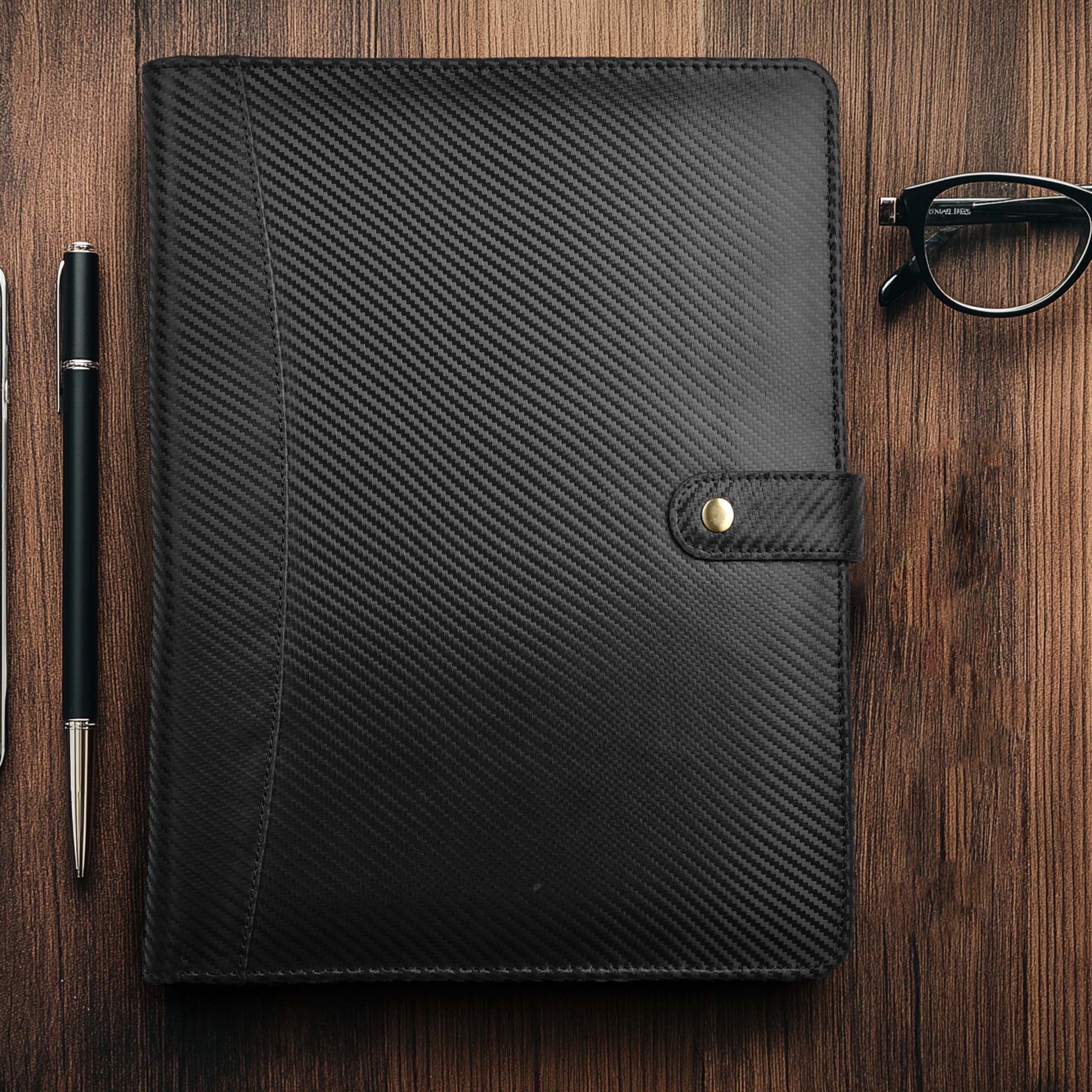 Portfolio Professional Organizer – Carbon Leather Padfolio Resume Folder for A4 Letter Pad with Pen Holder, Business Card Slots & Writing Pad – Ideal for Men & Women