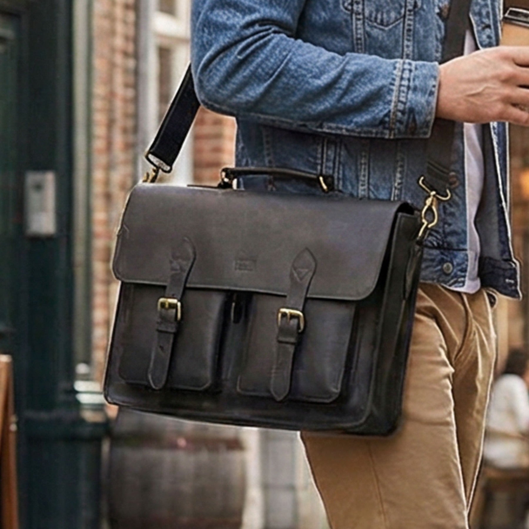 Briefcase Leather Messenger Bag - Black