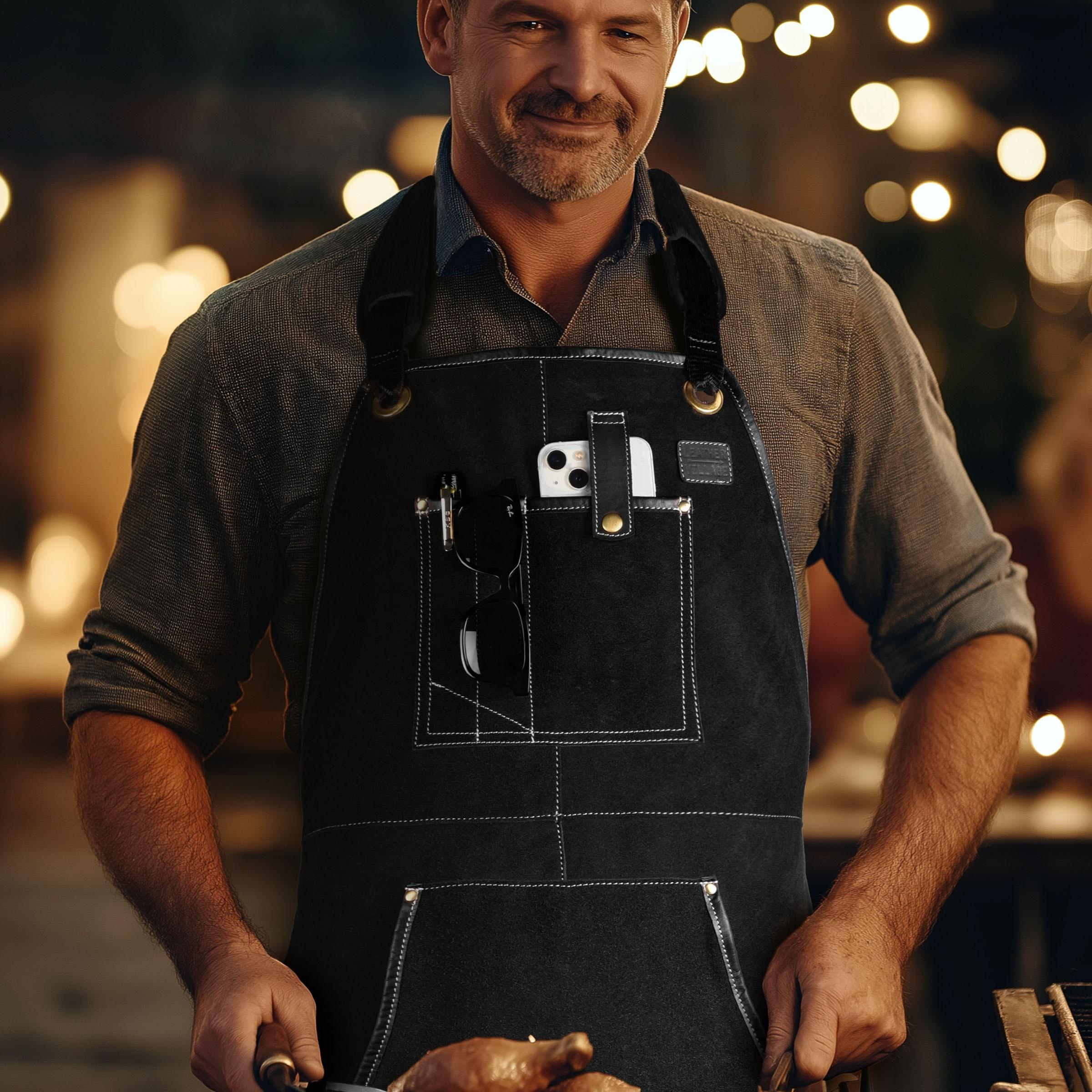 Black Leather Tool Apron – Suede Leather Bib Apron for Woodworking
