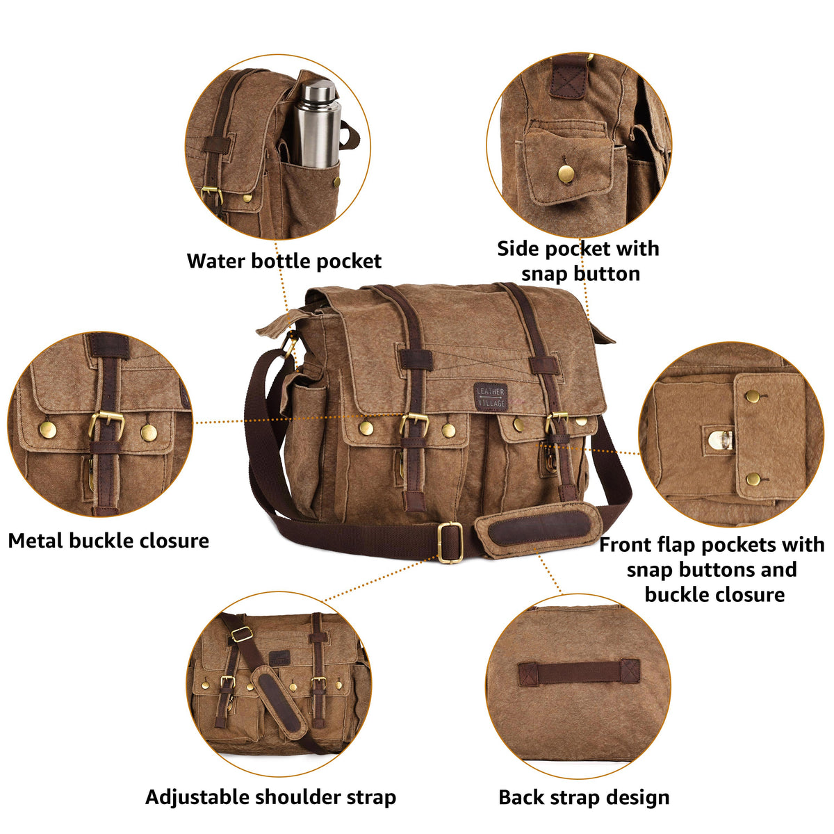 Vintage Canvas Messenger Bag – 16 Inch Handmade Laptop Shoulder Bag for Men & Women – Crossbody Work Bag for Office, Travel & Daily Use - Brown
