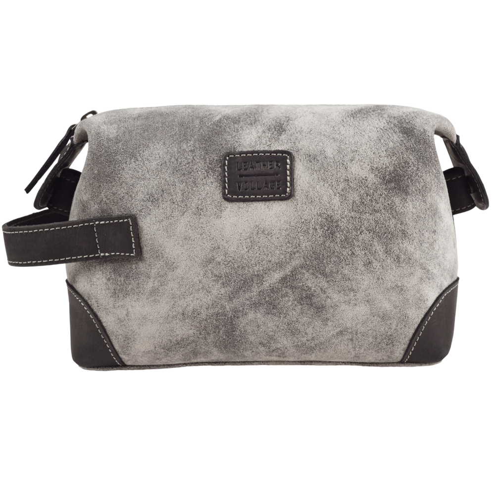 Leather Village Vintage Grey Leather Toiletry Bag with Secure Zipper Closure