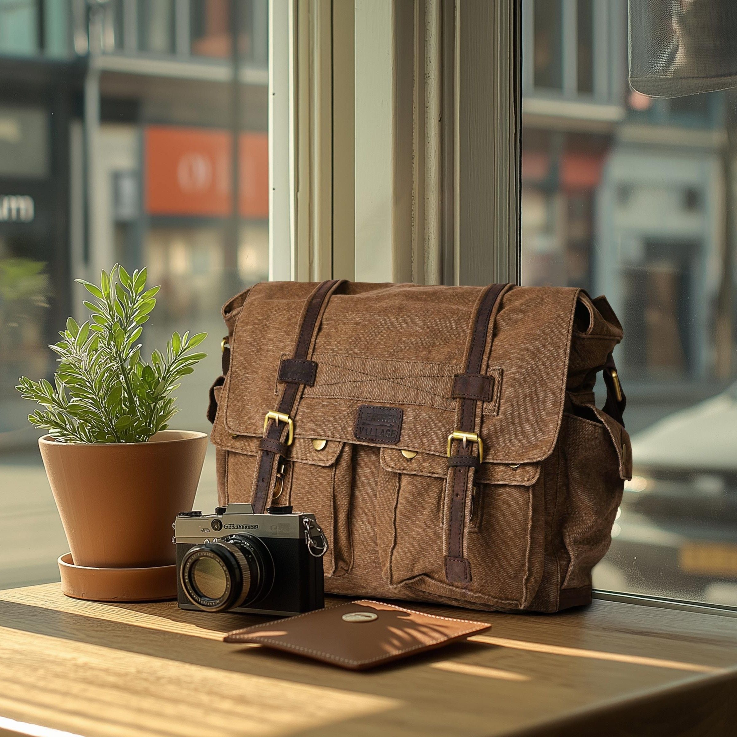 Canvas Messenger Shoulder Bag - Tan