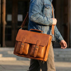 Briefcase Leather Messenger Bag - Tan