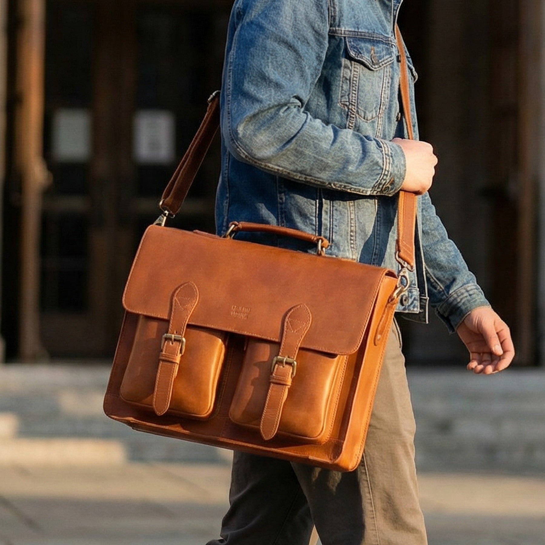 Briefcase Leather Messenger Bag - Tan