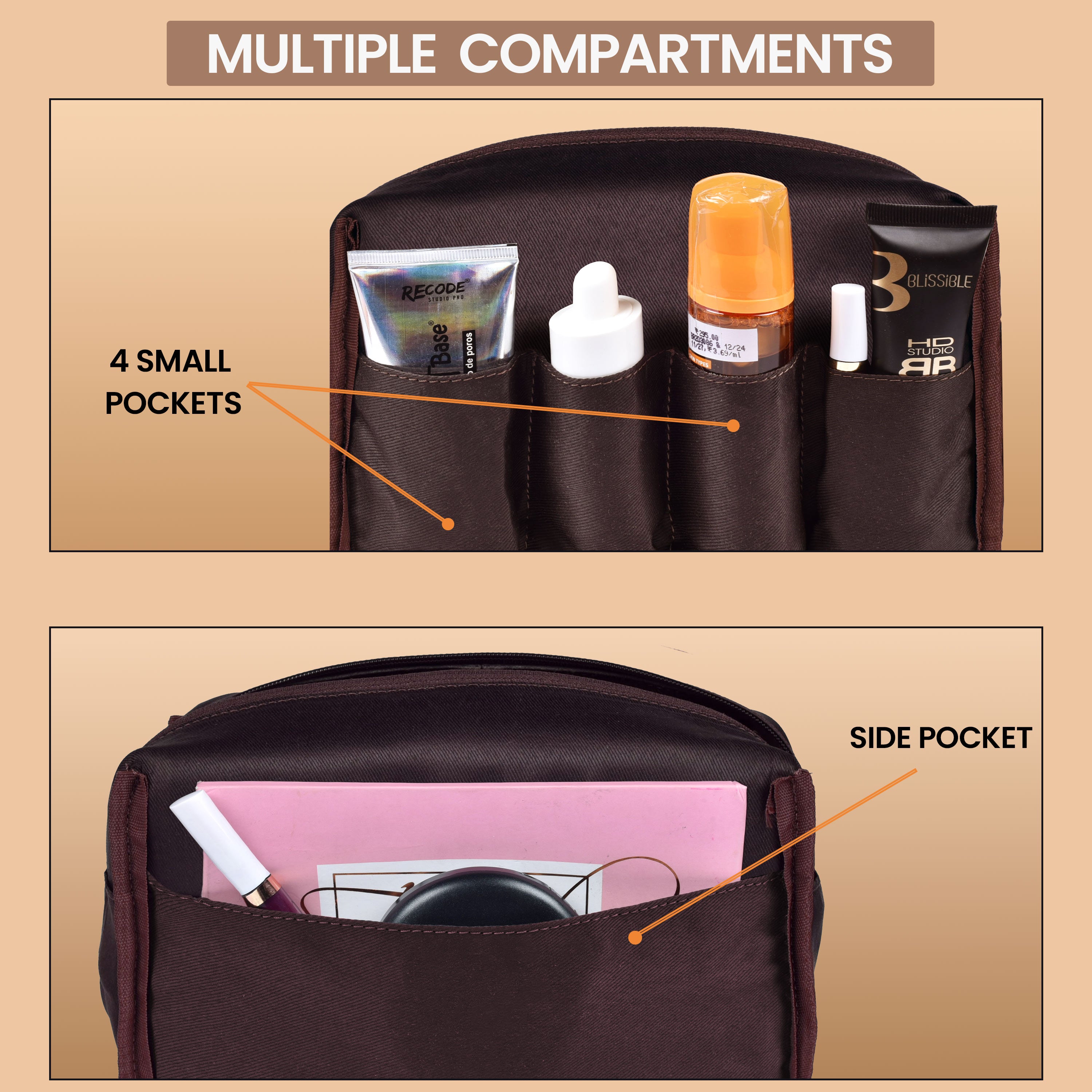 Travel Makeup Bag for Women – Large Capacity Suede Leather Cosmetic Pouch with Handle, Inner Pockets & Wide Opening – Flat Open Toiletry Organizer for Travel & Daily Use