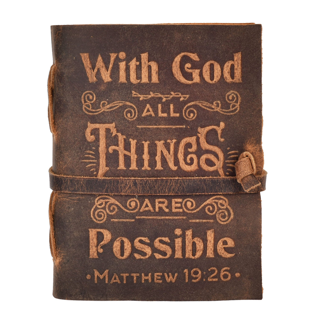 Handcrafted brown leather Christian Bible with Matthew 19:26 engraving