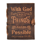 Handcrafted brown leather Christian Bible with Matthew 19:26 engraving