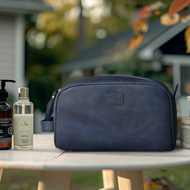 Blue Leather Toiletry Bag for Travel