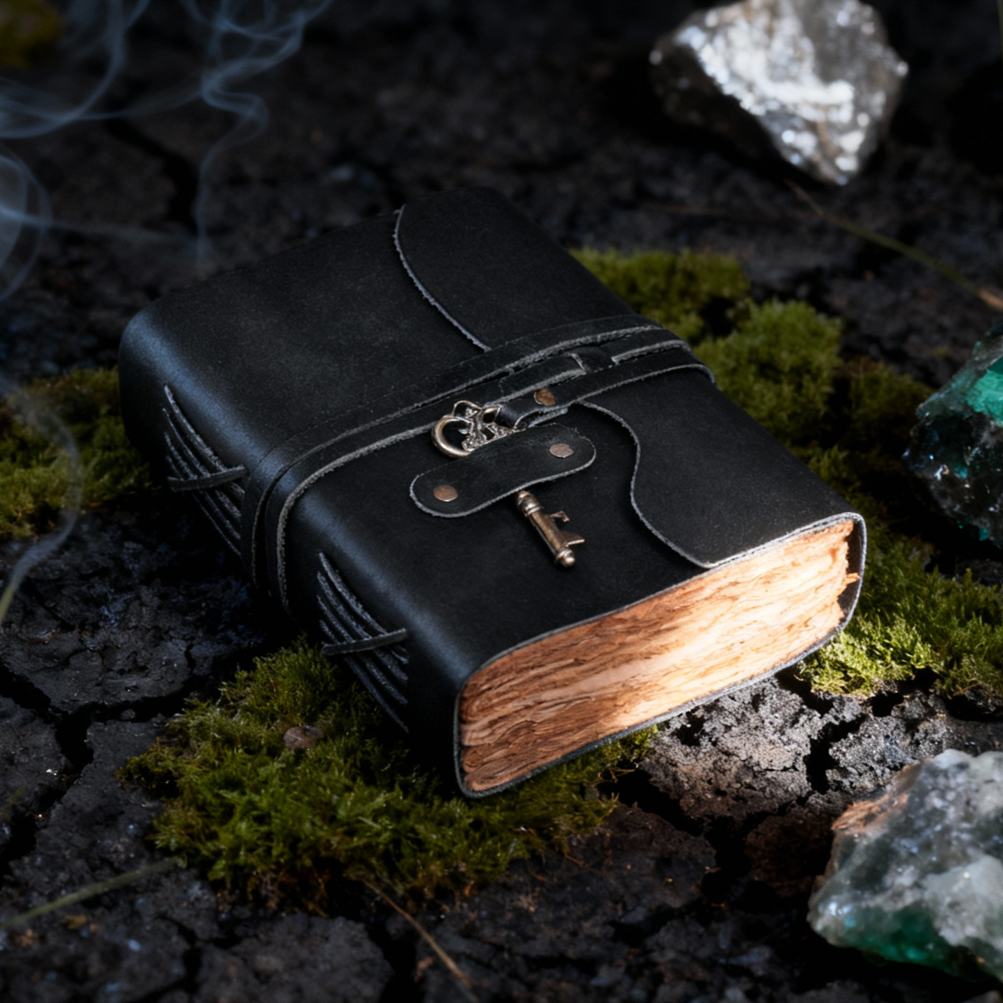 Leather Bound Journal With Antique Key- Black
