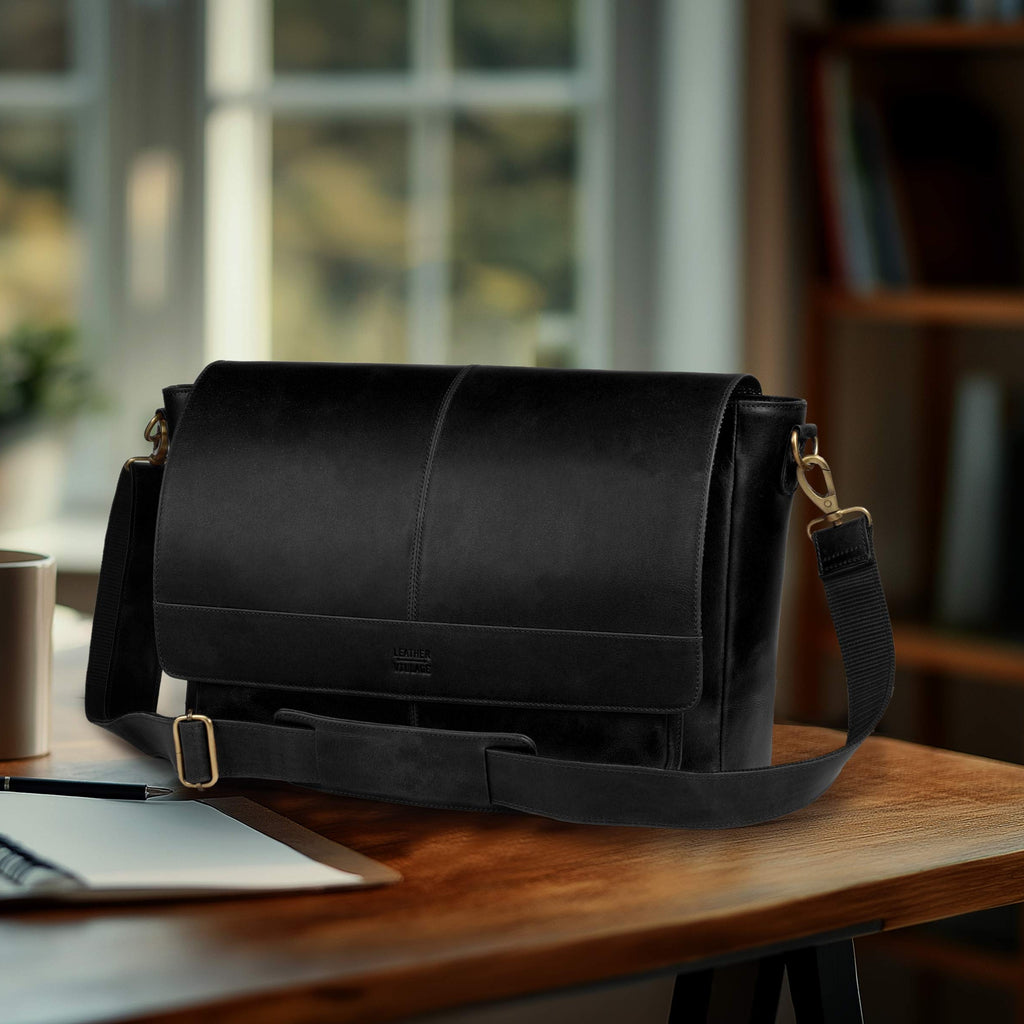 Handmade Vintage Leather Messenger Bag - Black