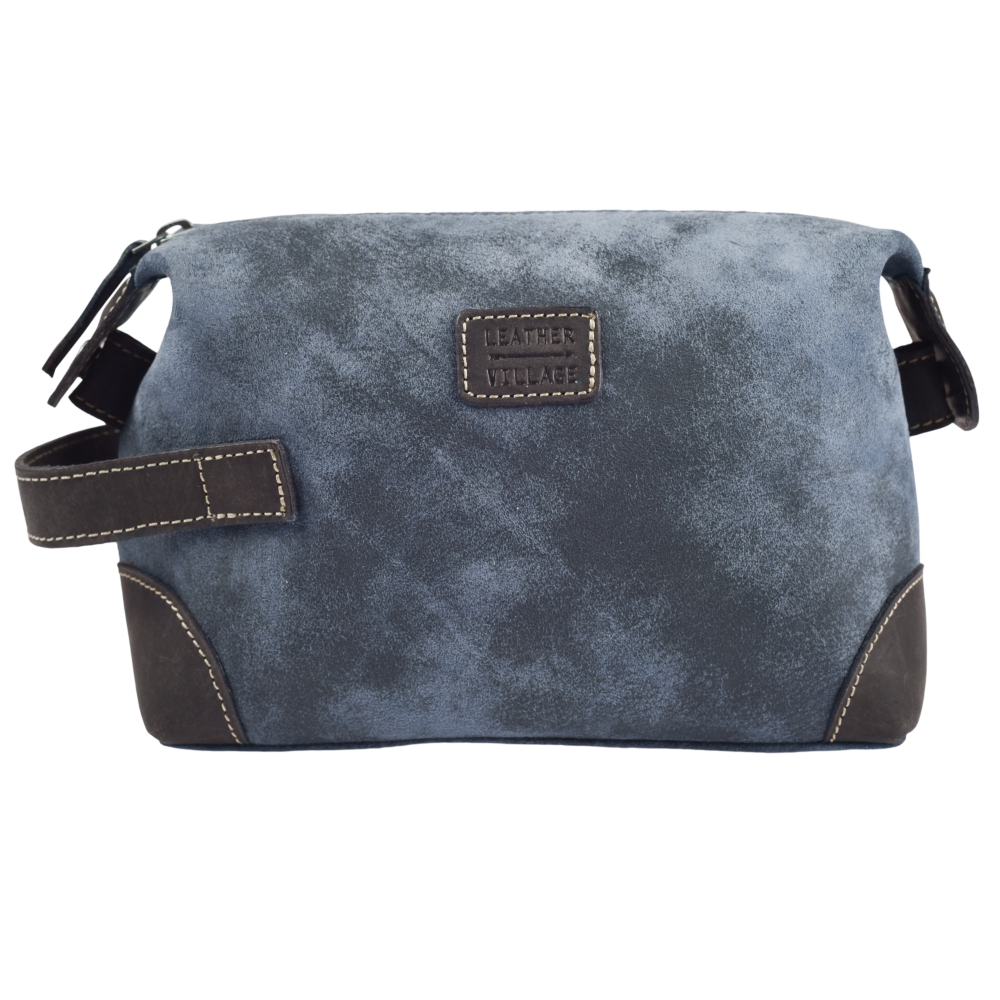 Leather Village Vintage Blue Leather Toiletry Bag with Secure Zipper Closure