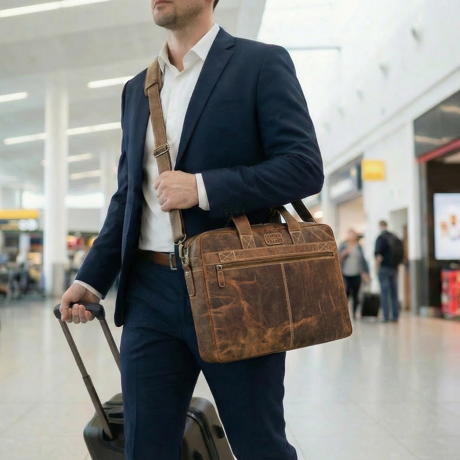 Leather Laptop Messenger Briefcase Bag - Tan