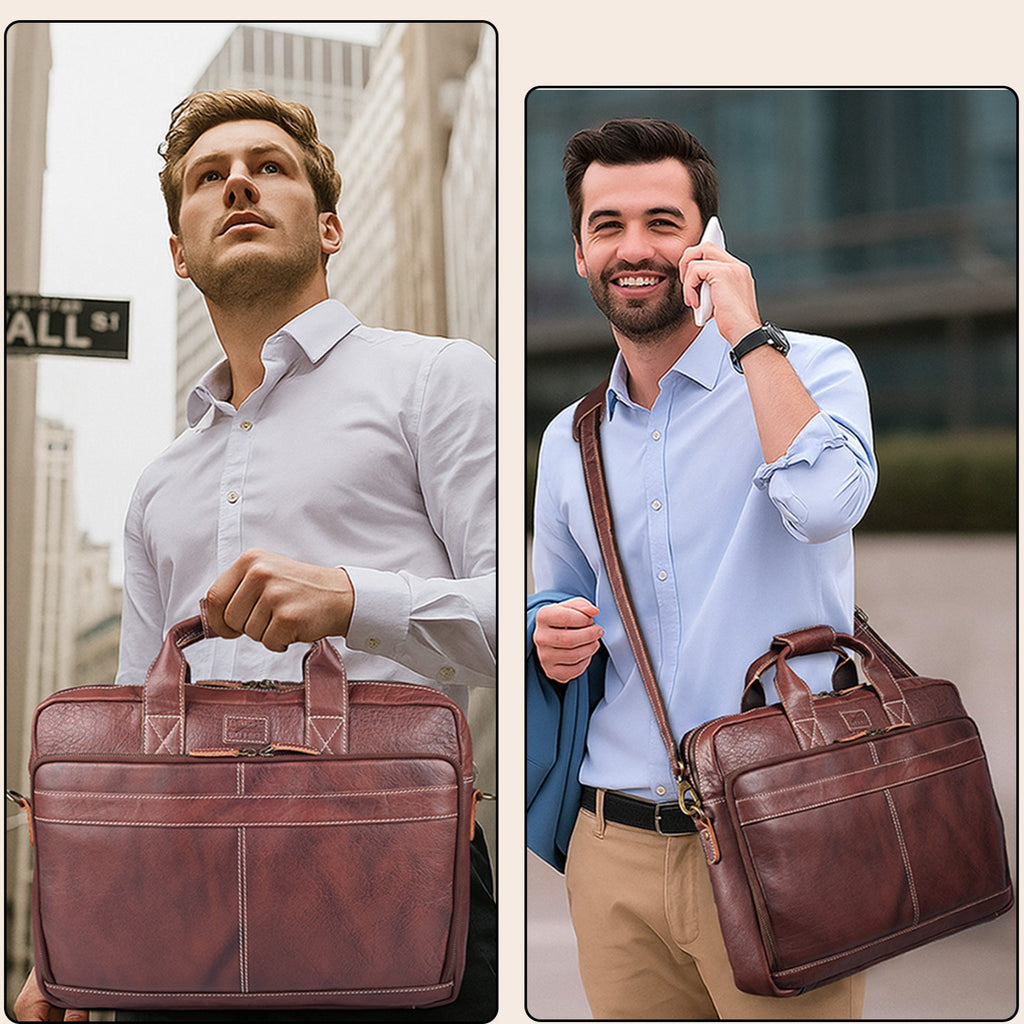 Leather Laptop Messenger Briefcase Bag - RED