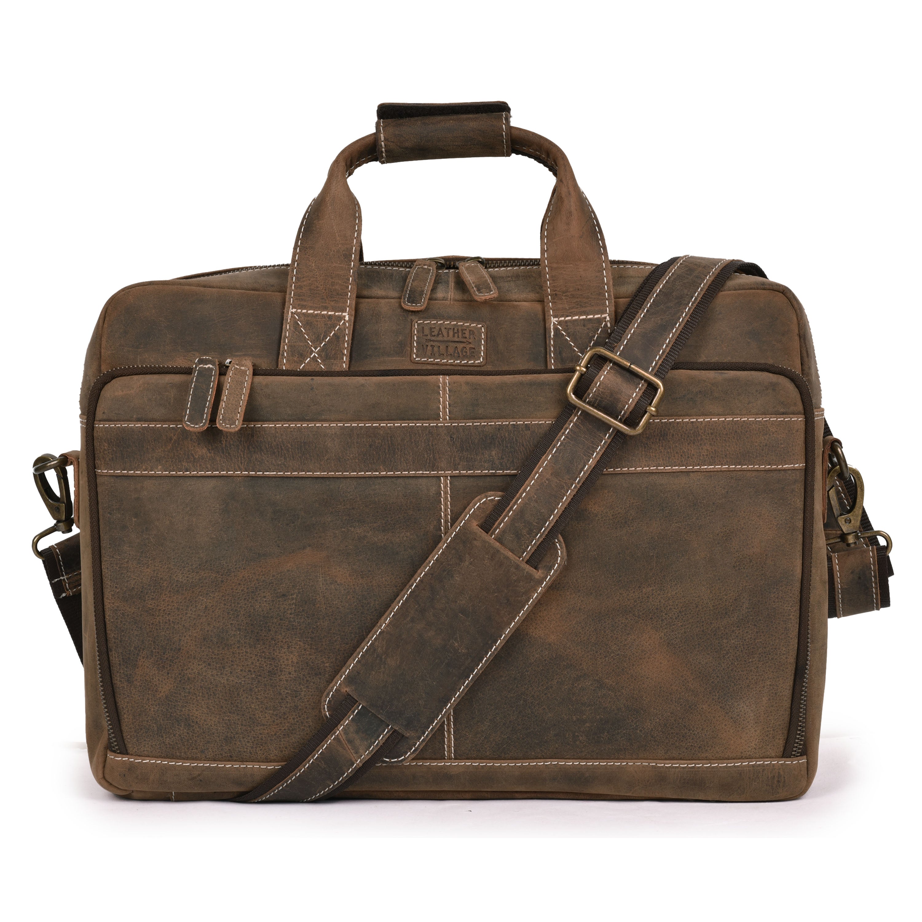 LEATHER VILLAGE 16" Leather Laptop Messenger Briefcase Bag for Men-Brown-Leather Satchel for Travel and Office Shoulder Bag