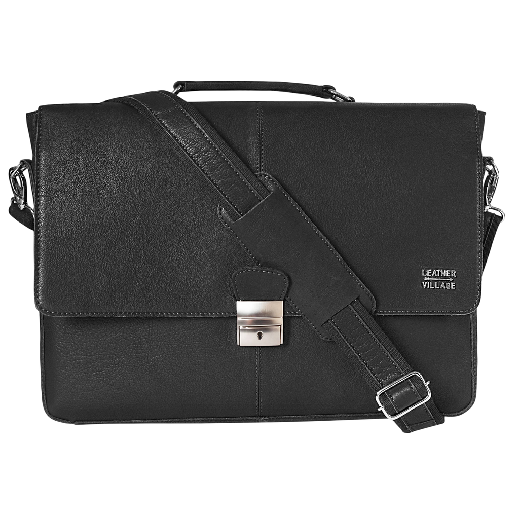 Leather Messenger Bag for Men & Women - Black
