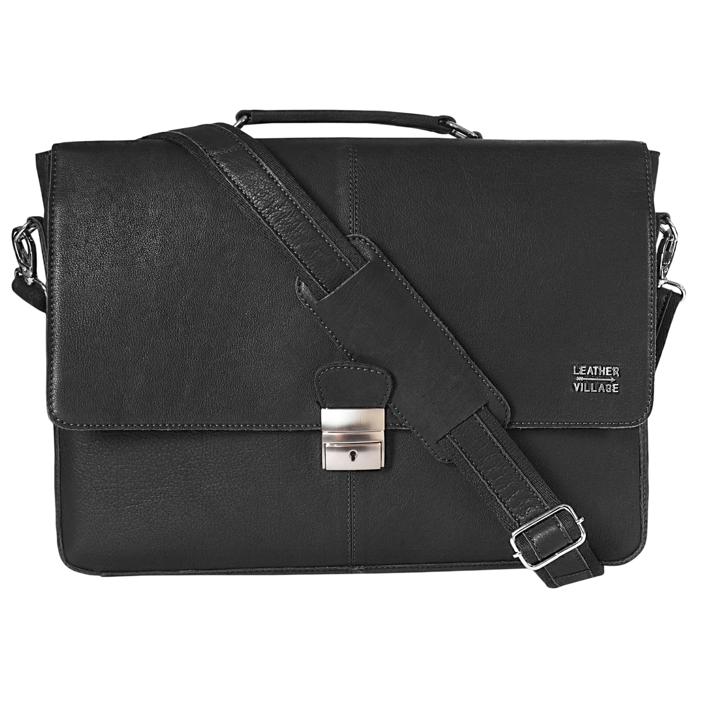 Leather Messenger Bag for Men & Women - Black