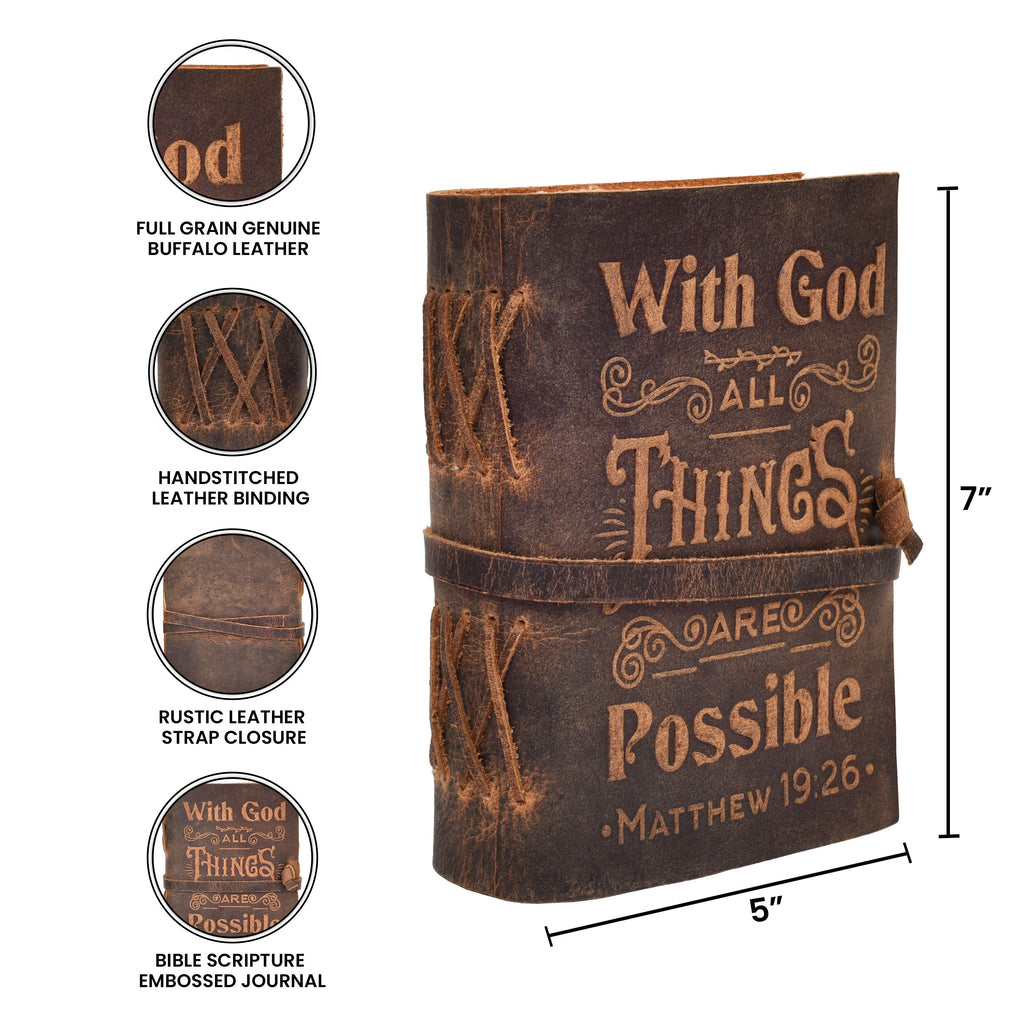 Elegant brown leather bound Bible with Christian verse design