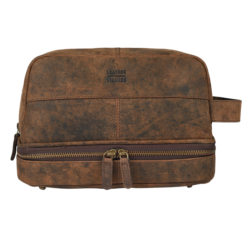 Leather Village Vintage Brown Leather Toiletry Bag with Secure Zipper Closure