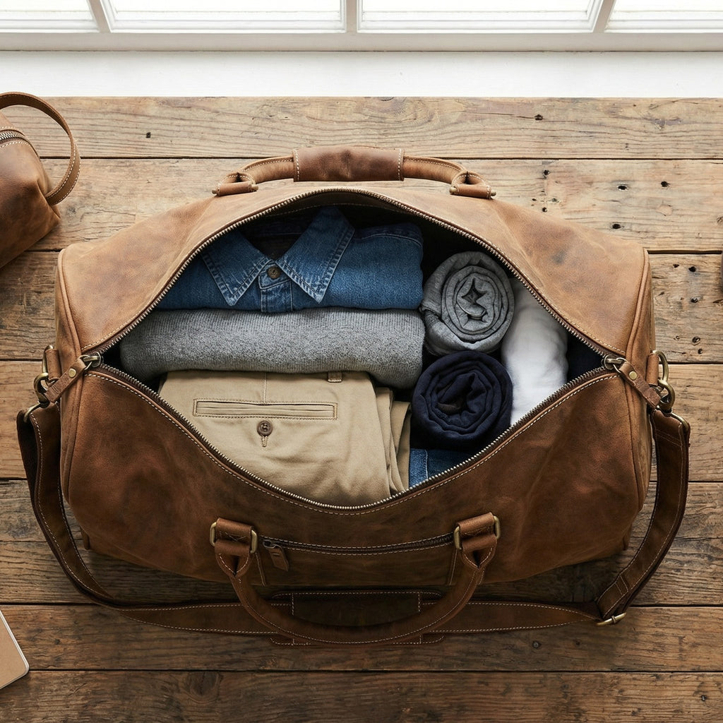 Leather Travel Duffel Bag - Brown