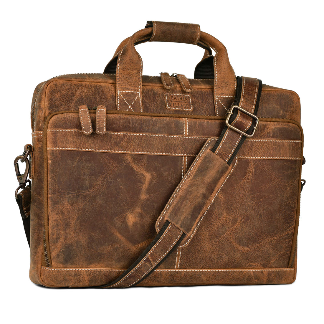 LEATHER VILLAGE 16" Leather Laptop Messenger Briefcase Bag for Men-Brown-Leather Satchel for Travel and Office Shoulder Bag