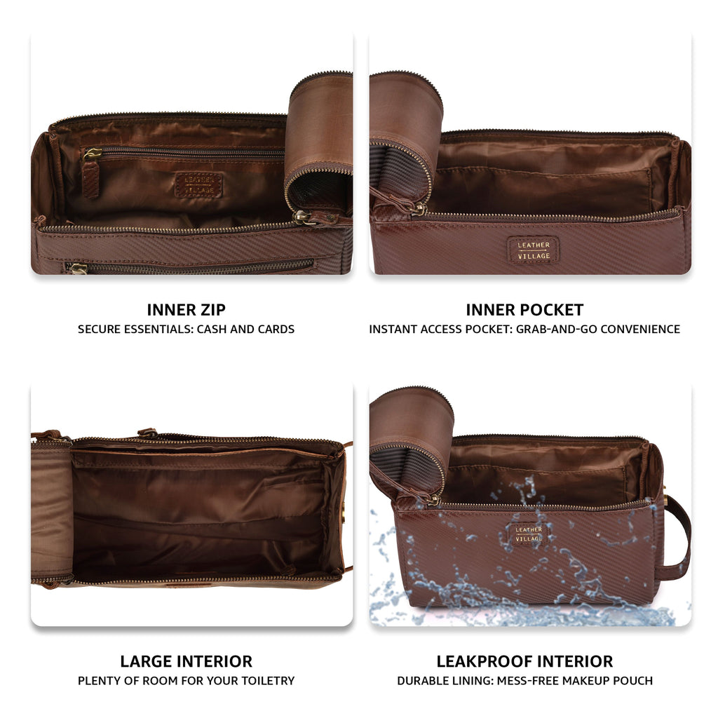 Brown Carbon Fiber  Leather Toiletry Bag For Travel
