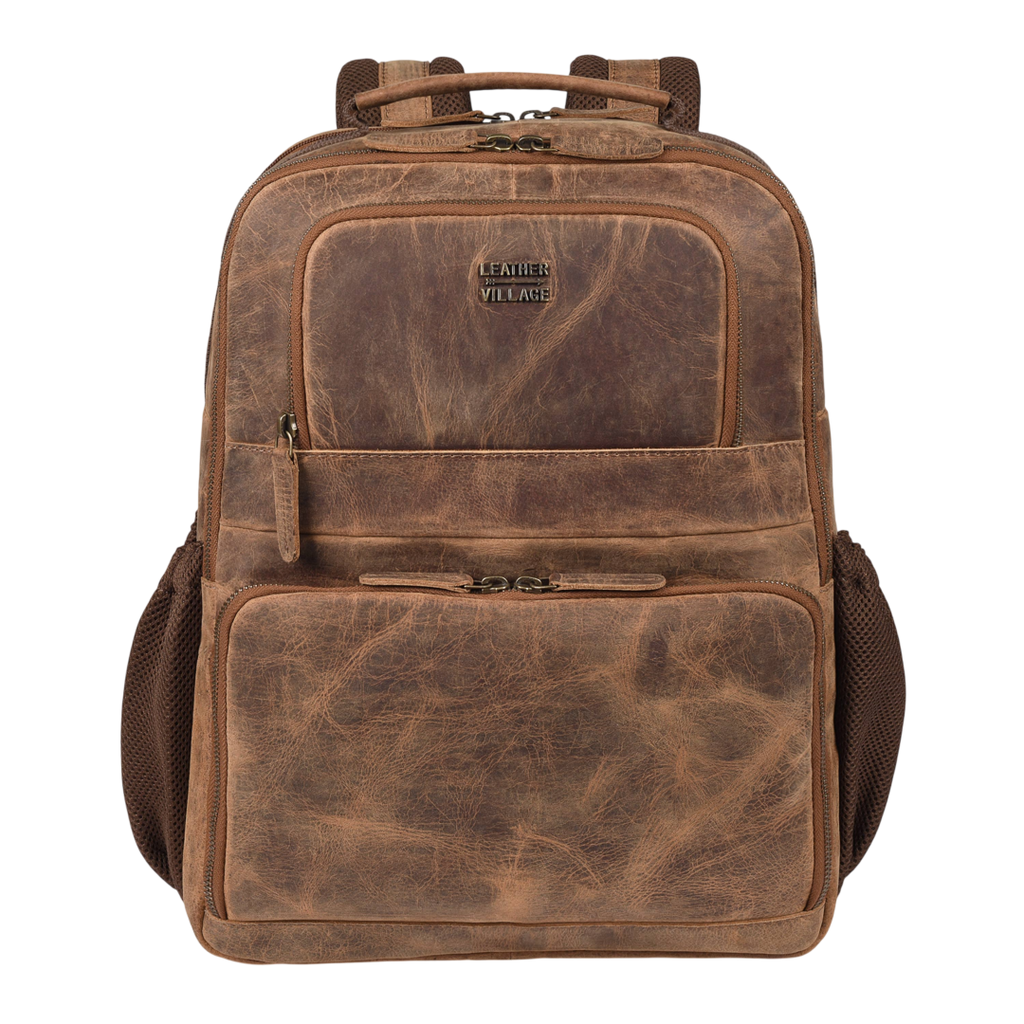 Vintage dark brown genuine leather messenger bag with buckle pockets and adjustable shoulder strap
