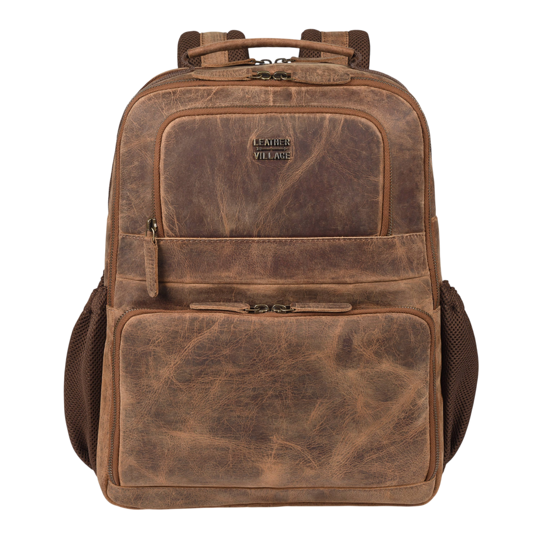 Vintage dark brown genuine leather messenger bag with buckle pockets and adjustable shoulder strap