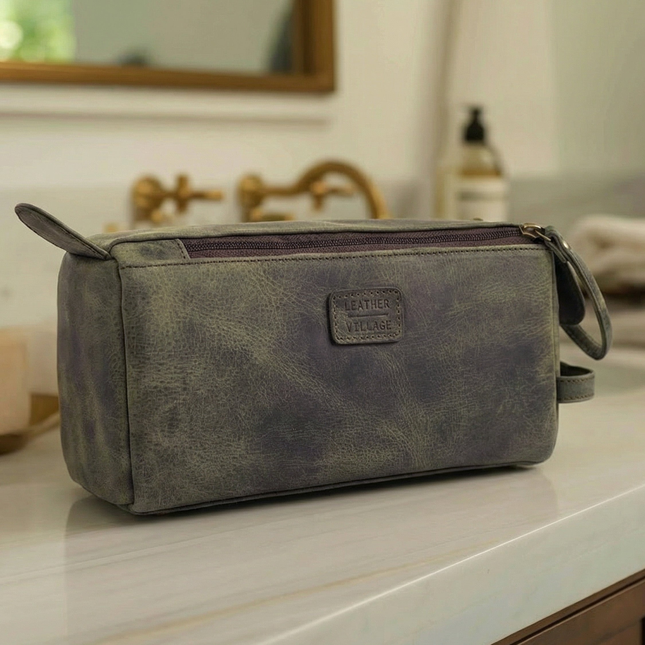 Leather Toiletry Bag for Travel - Olive