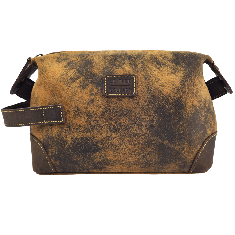Leather Village Vintage Brown Leather Toiletry Bag with Secure Zipper Closure