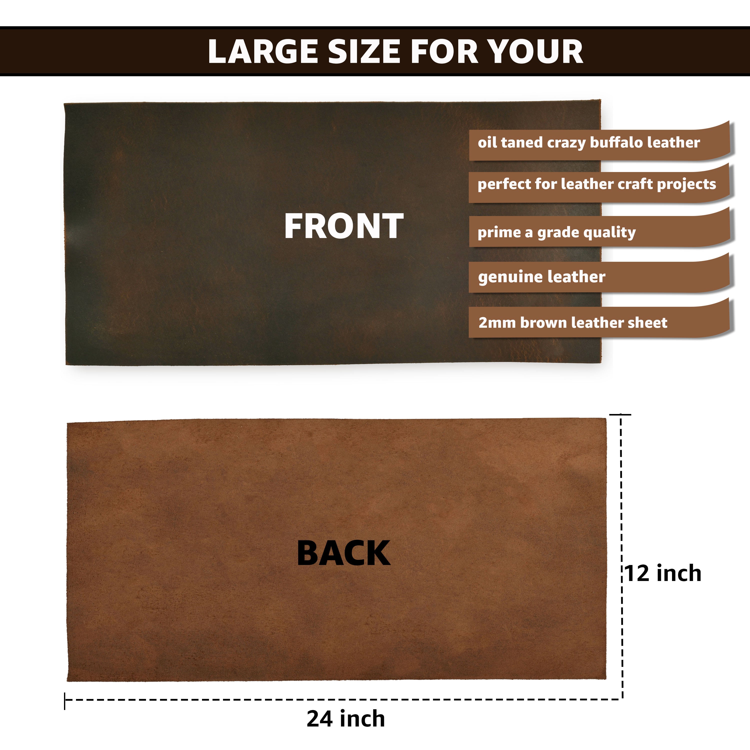 Full Grain Buff Leather Sheet - Dark Brown, 2mm Thick - Premium Craft Leather for Tooling, Upholstery, Workshops, and DIY Projects Leather Village