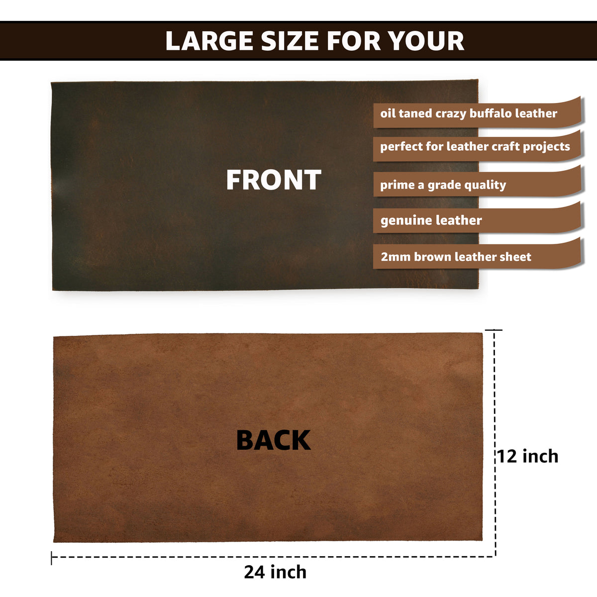 Full Grain Buff Leather Sheet - Dark Brown, 2mm Thick - Premium Craft Leather for Tooling, Upholstery, Workshops, and DIY Projects