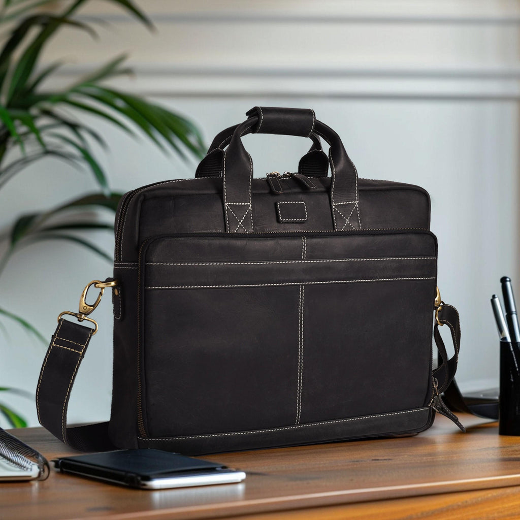 Leather Laptop Messenger Briefcase Bag - Black