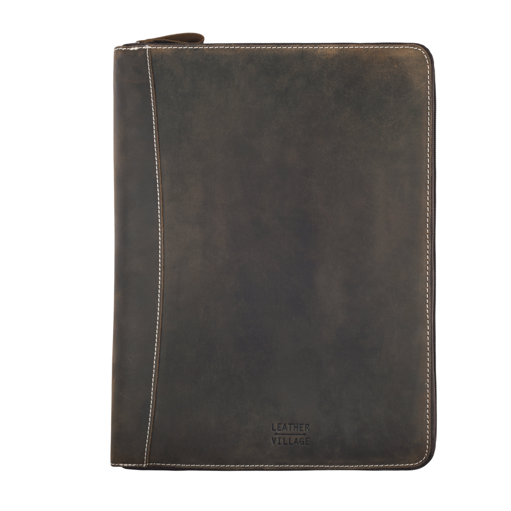 Leather Zipper Padfolio Ring Binder Organizer for Men & Women -Brown