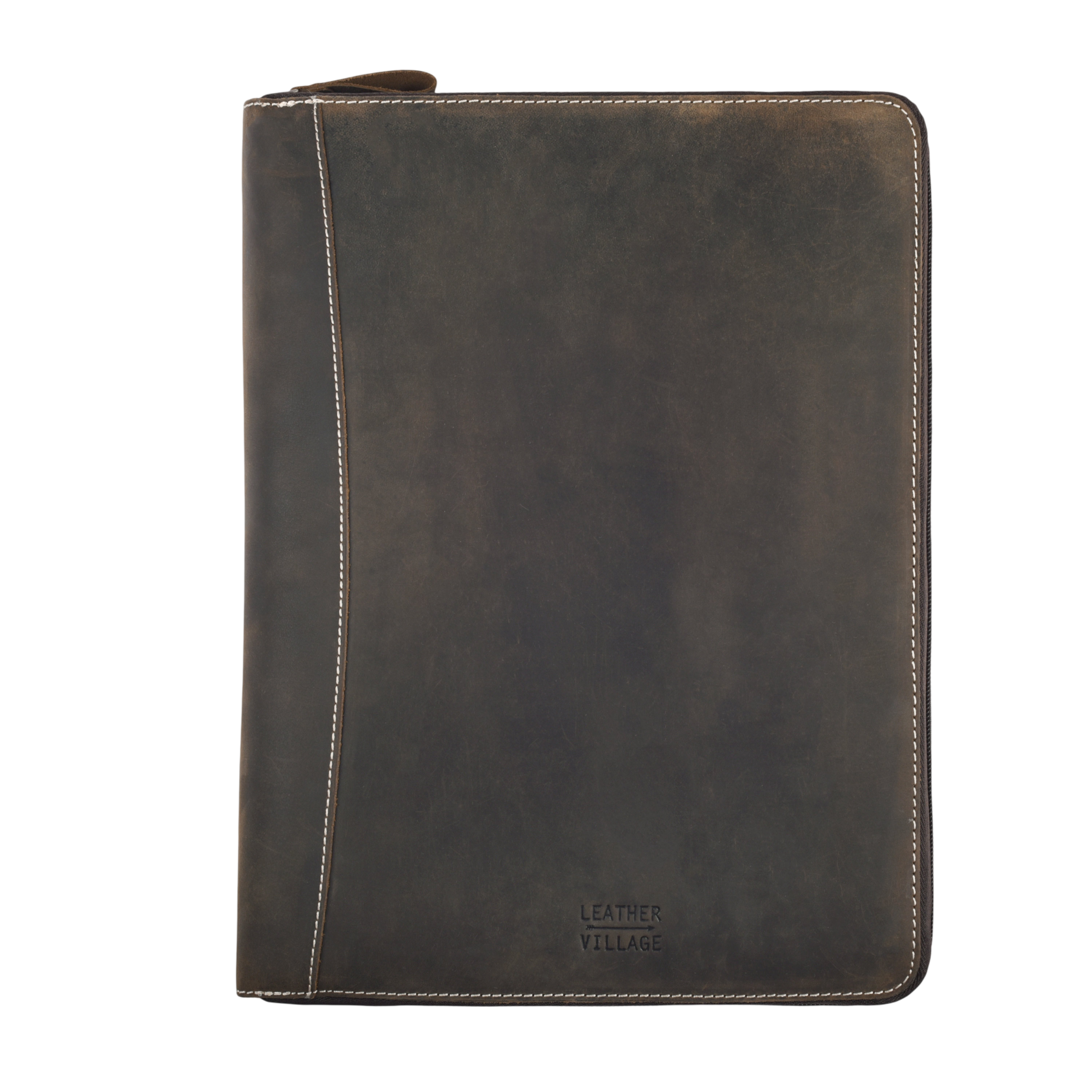 Leather Zipper Padfolio Ring Binder Organizer for Men & Women -Brown