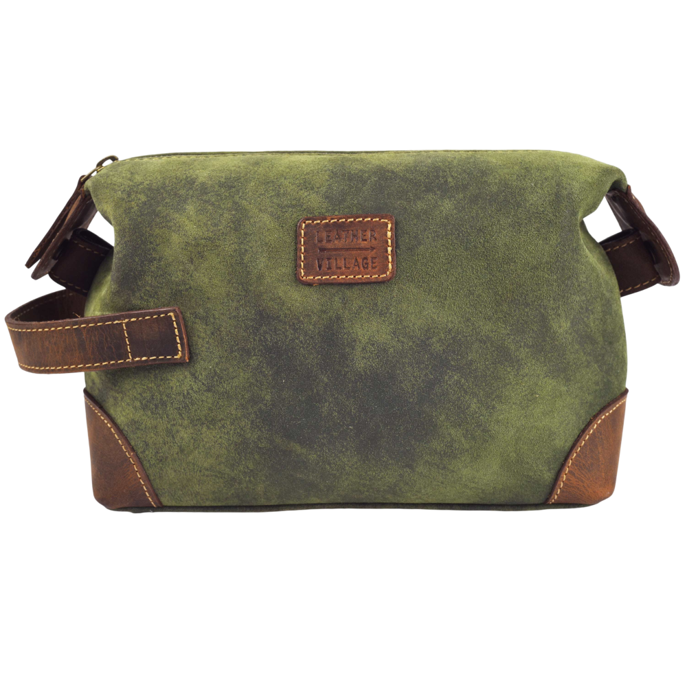 Leather Village Vintage Green Leather Toiletry Bag with Secure Zipper Closure