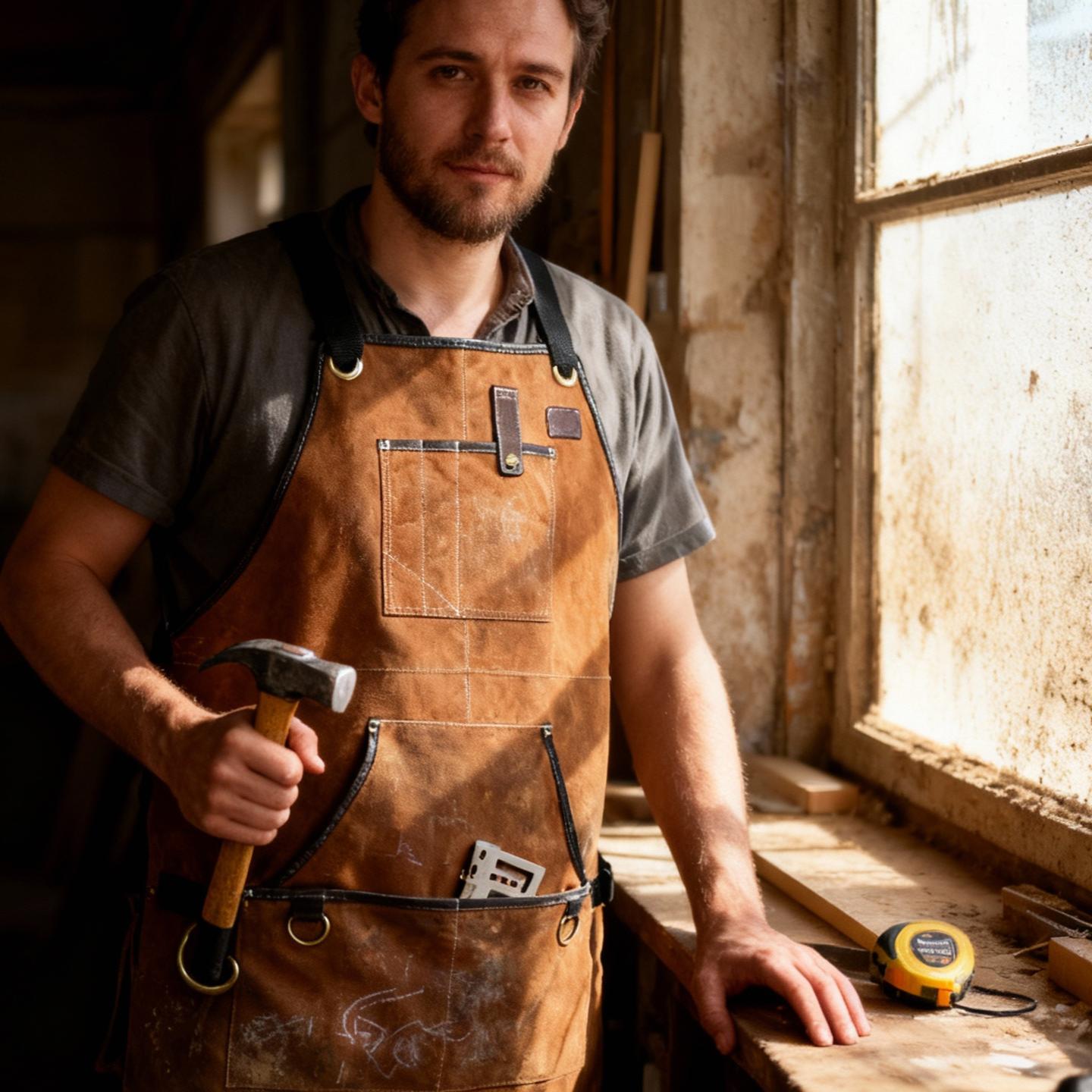 Tan Leather Tool Apron – Suede Leather Bib Apron for Woodworking
