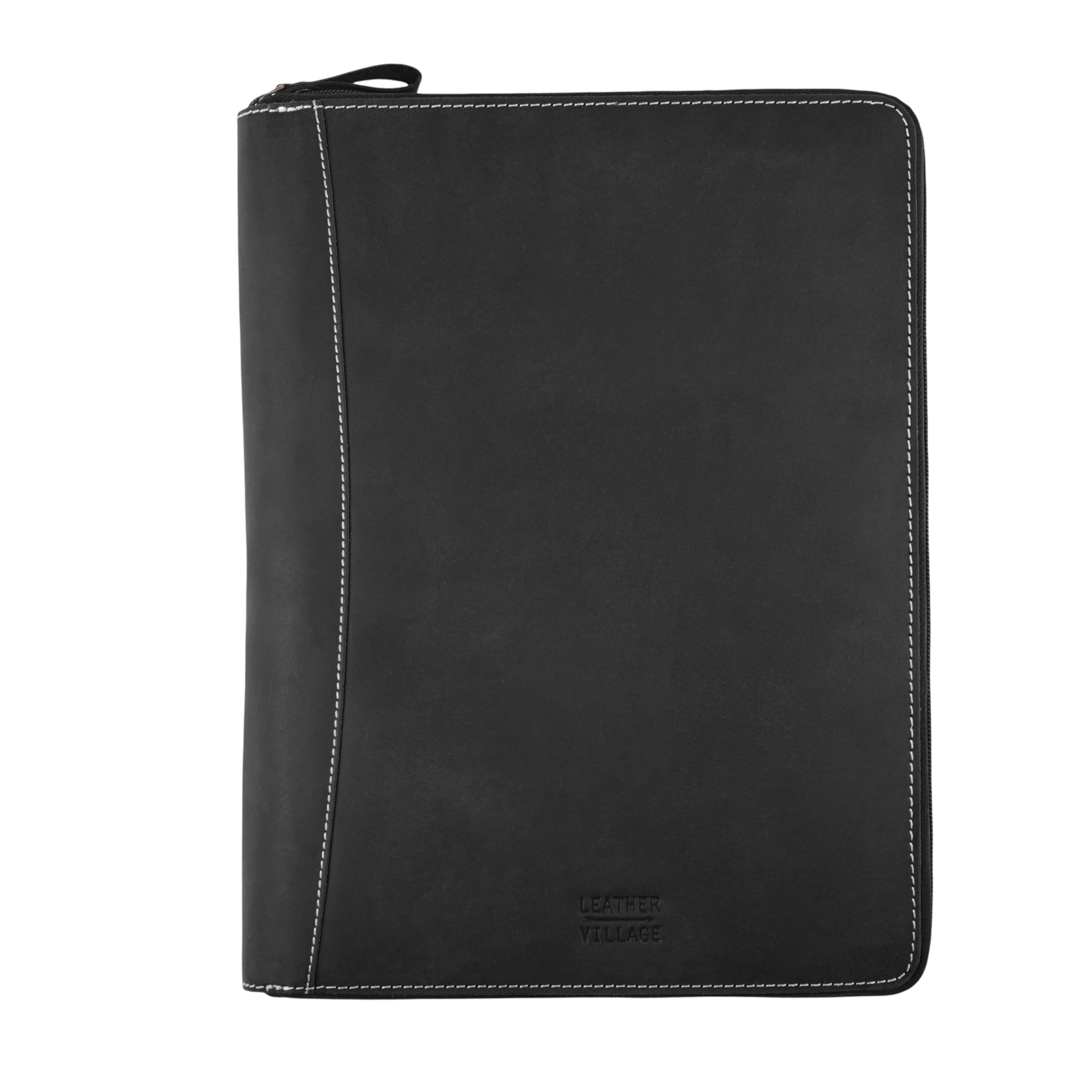 Leather Zipper Padfolio Ring Binder Organizer for Men & Women -Black
