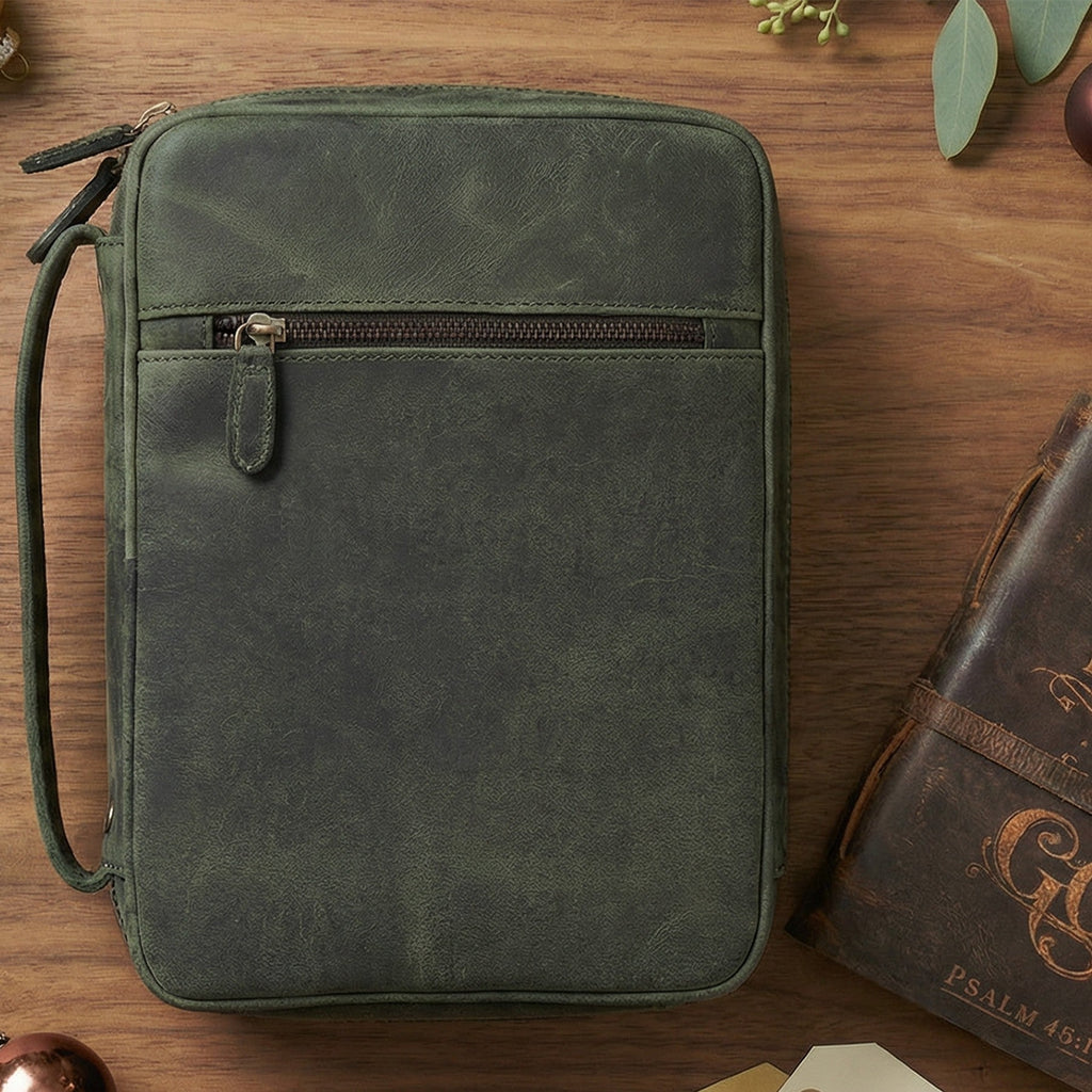 Olive Leather Bible Cover with Zipper - Protective Bible Case Leather Village