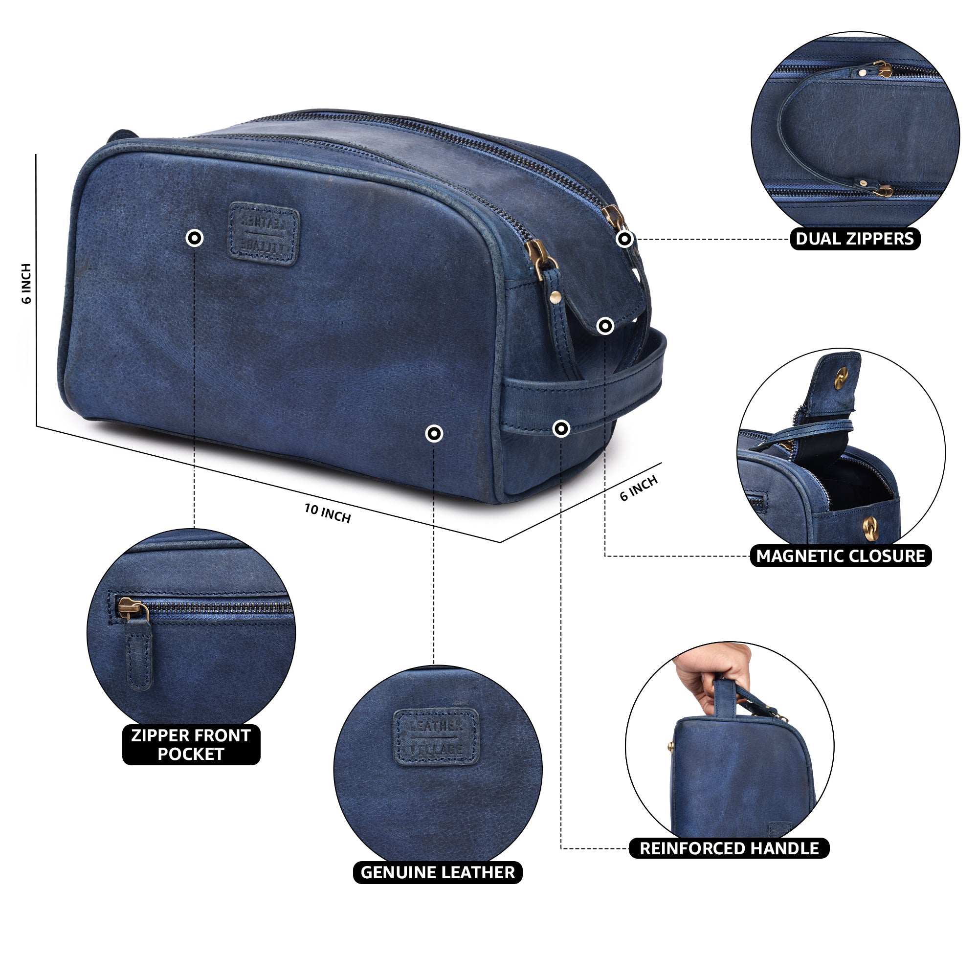 Blue Leather Toiletry Bag for Travel