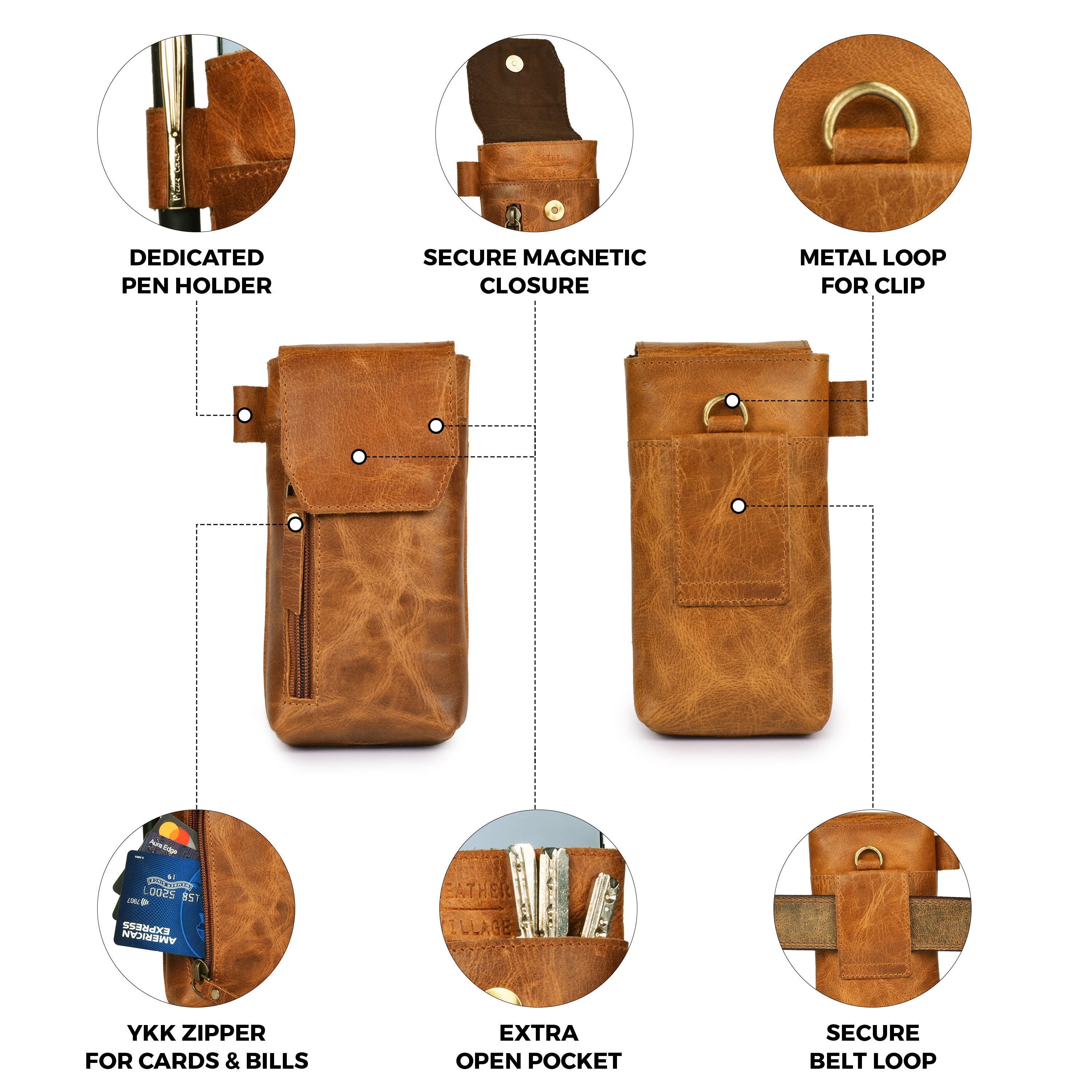 Leather Village Genuine Leather Phone Holster Pouch with Belt Clip, Magnetic Closure, ID Card Holder - Universal Case for iPhone, Samsung Galaxy, Google Pixel