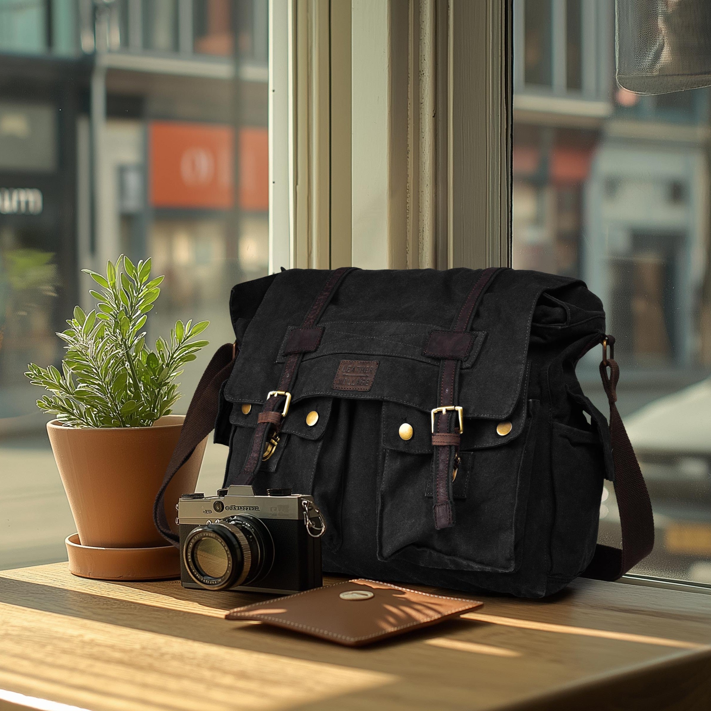 Canvas Messenger Shoulder Bag - Black