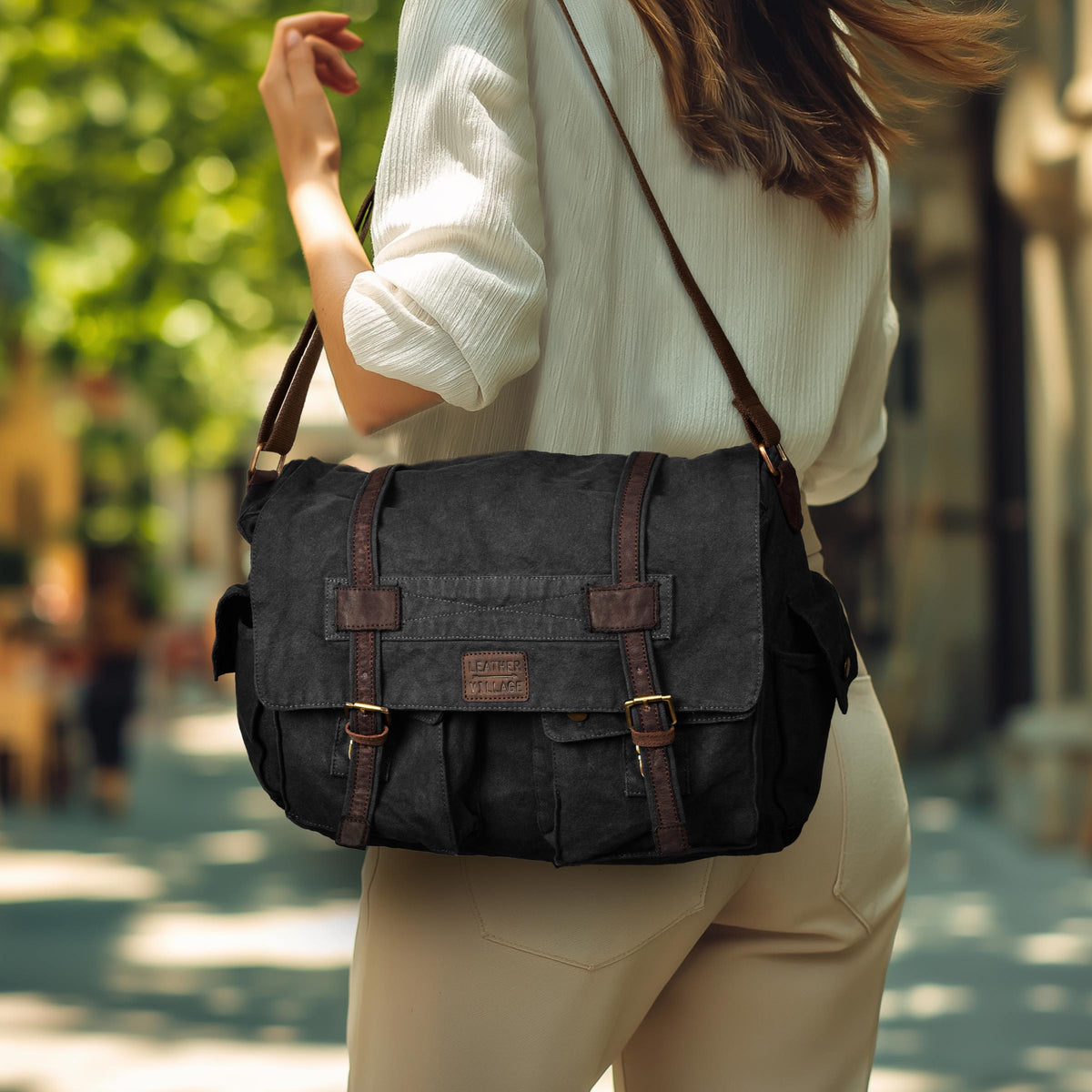 Vintage Canvas Messenger Bag – 16 Inch Handmade Laptop Shoulder Bag for Men & Women – Crossbody Work Bag for Office, Travel & Daily Use - Brown