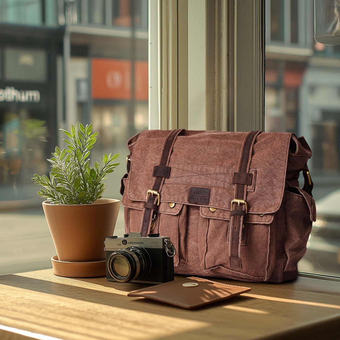 Canvas Messenger Shoulder Bag - Brown