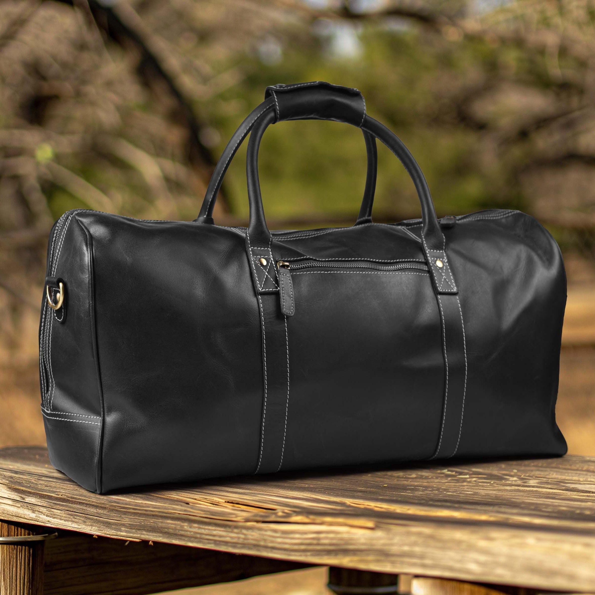 Leather Duffel Bag for Travel – Black Full Grain Leather Weekender Bag with Removable Strap 20 INCH