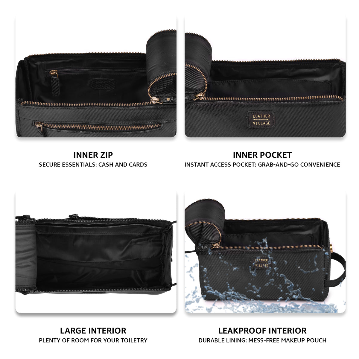 Premium Carbon Leather Travel Toiletry Bag - Large Compact Dopp Kit, Water-Resistance Shaving & Cosmetic Organizer for Men & Women