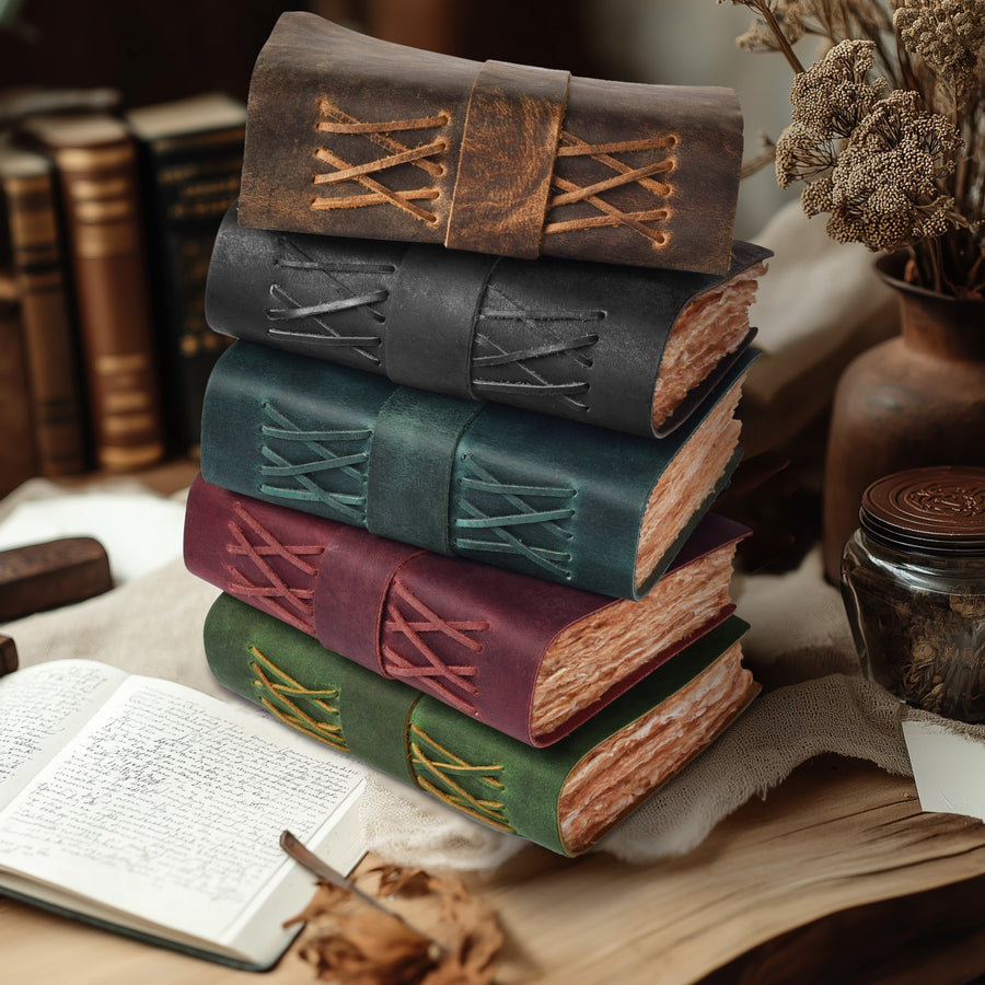 Leather Bound Vintage Journal for Women & Men - Book of Shadows - Lock Closure - 200 Pages of Antique Deckle Edges Handmade Paper